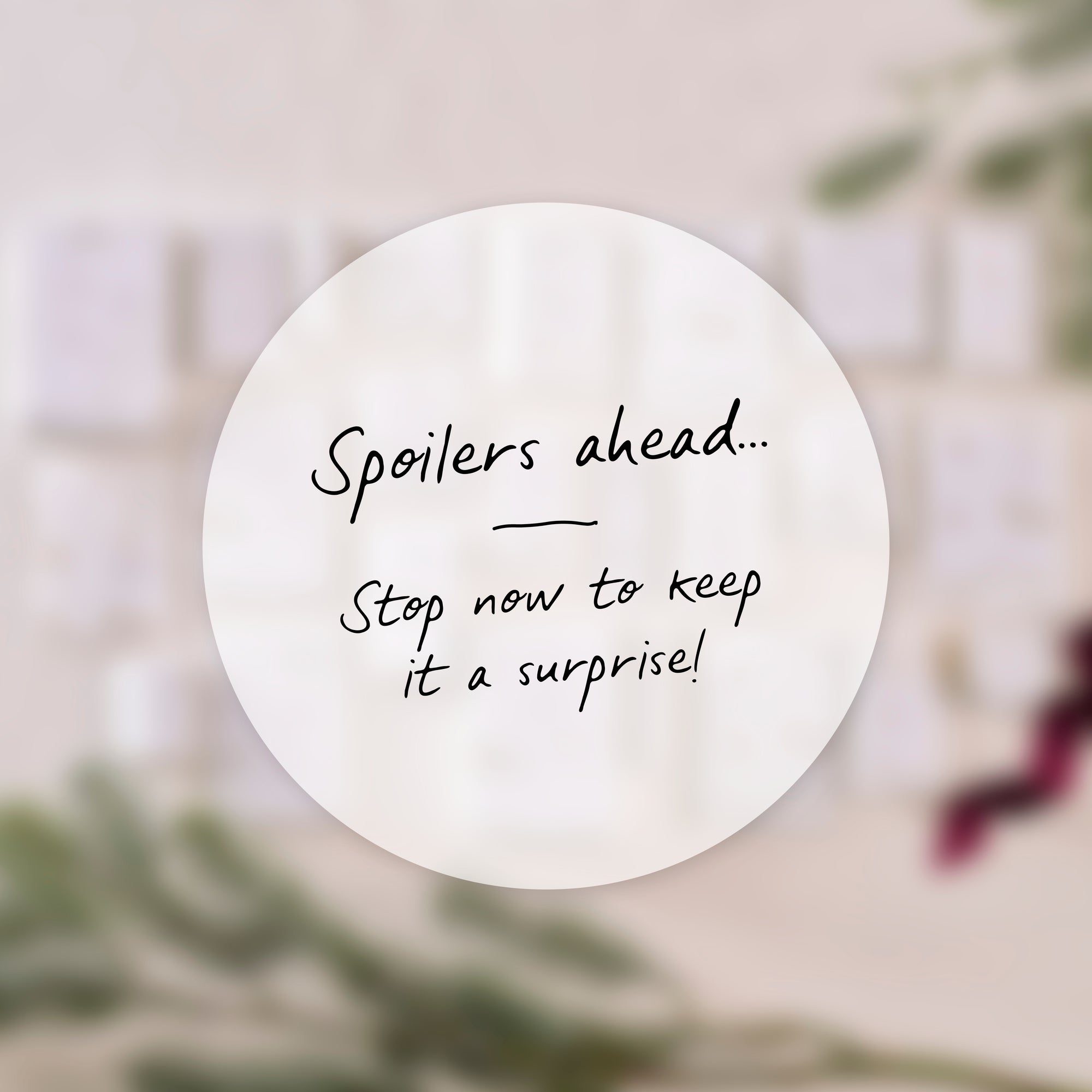 A blurred background of wrapped stationery gifts with a white circle overlay in the centre reading: “Spoilers ahead… Stop now to keep it a surprise!” in handwritten-style text. filter_alt_text