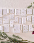 Twenty-four individually wrapped Tom’s Studio advent calendar gifts in white and gold wrapping paper, neatly arranged on a cream background with pine branches.