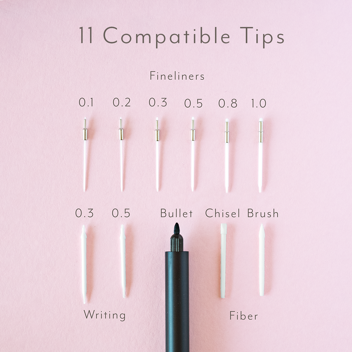 Full Lumos Creative Tip Set showing 11 individual Lumos tips with annotation explaining each size of tip