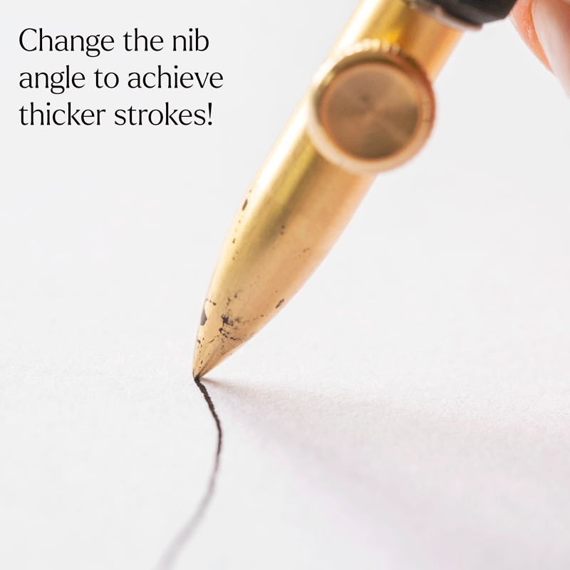 GIF of the One-Dip-Nib in Brass, shown fitted in the Original Flourish Straight Calligraphy Pen demonstrating the variable stroke width