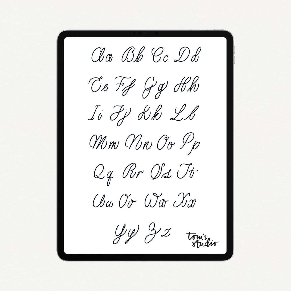 The free PDF download Lettering Guide: Monoline Alphabet by Gemma Milly shown on an ipad