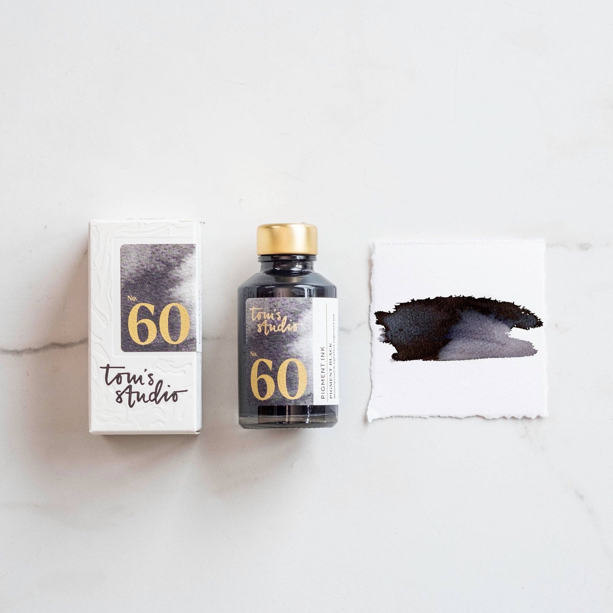Tom's Studio Pigment Black Ink – featuring the packaging, bottle and a swatch on paper
