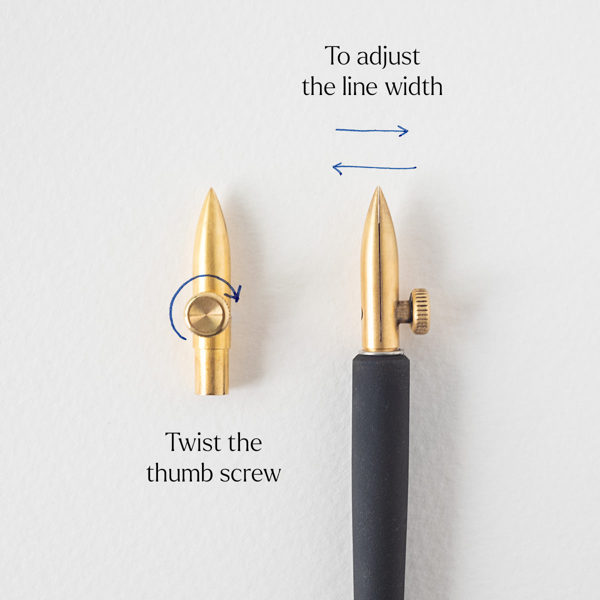 The One-Dip-Nib in Brass, shown fitted in the Original Flourish Straight Calligraphy Pen demonstrating how to adjust line width