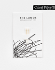 A pack of three Lumos replacement Chisel Fibre tips attached to a white backing card. The card features 'THE LUMOS REPLACEMENT TIPS' in uppercase black letters at the top, with an abstract black ink scribble design in the lower half. A black textured label in the upper right corner displays 'Chisel Fibre Tip' in white text.
