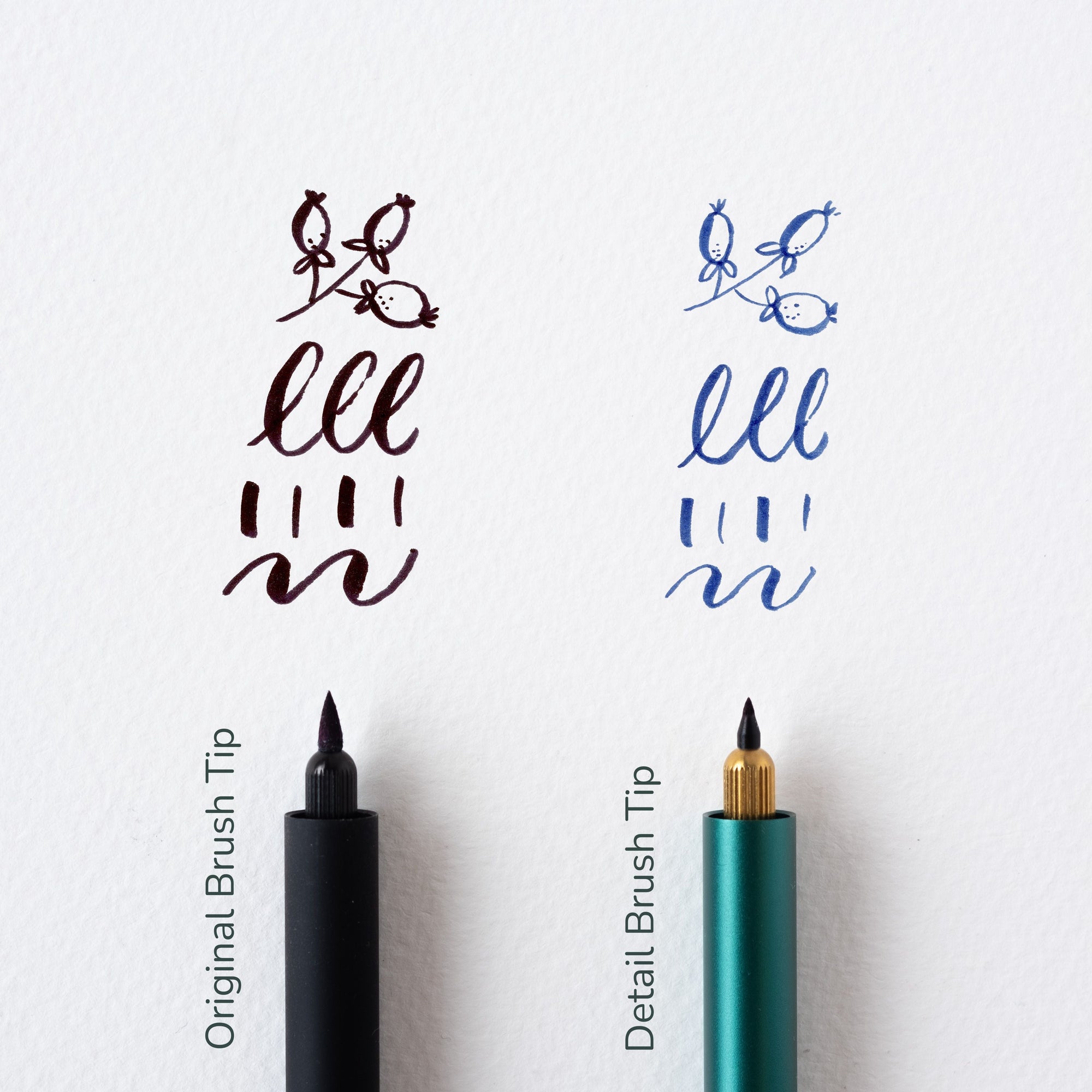 An example of the difference between the Original Brush Tip and Detail Brush Tip, both shown in the Lumos refillable pen