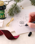 Contents of the Lumos Pro Duo Gift Set including: Lumos Pro Duo refillable pen in Black, 50ml bottle of Fountain Pen Ink in New Forest, the Studio Pad and Butterfly Brass Pen Rest