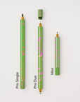 Lumos Splash Pro Single, Pro Duo, and Mini pens in Appletini green with pink splatter, shown uncapped on a white background with labels.