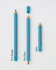 Lumos Splash Pro Single, Pro Duo, and Mini pens in Blue Raspberry blue with pink splatter, shown uncapped on a white background with labels.