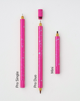 Lumos Splash Pro Single, Pro Duo, and Mini pens in Bubblegum pink with blue splatter, shown uncapped on a white background with labels.