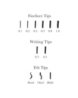 A reference chart displaying the line variations created by different Lumos pen tips, categorized into three sections: Fineliner Tips, Writing Tips, and Felt Tips. The 'Fineliner Tips' section shows thin to thick lines in sizes 0.1, 0.2, 0.3, 0.5, 0.8, and 1.0mm. The 'Writing Tips' section presents two medium-weight lines in sizes 0.3 and 0.5mm. The 'Felt Tips' section illustrates three different stroke styles: a flexible 'Brush' tip with a curved stroke, a 'Chisel' tip with an angled stroke, and a 'Bullet'