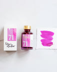 Tom's Studio Cherry Bomb Shimmer Fountain Pen Ink – featuring the packaging, bottle and a swatch on paper