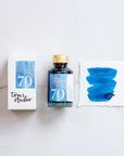 Tom's Studio Kingfisher Shimmer Fountain Pen Ink – featuring the packaging, bottle and a swatch on paper