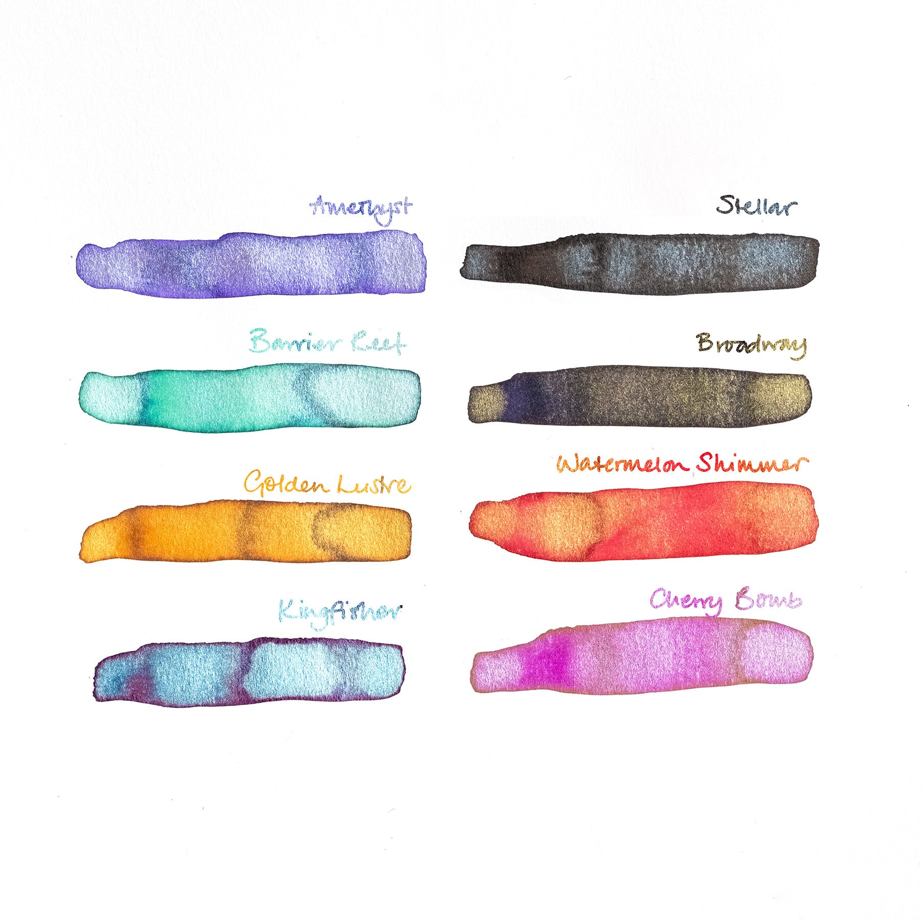 Swatches of all available colours of Tom's Studio Shimmer ink
