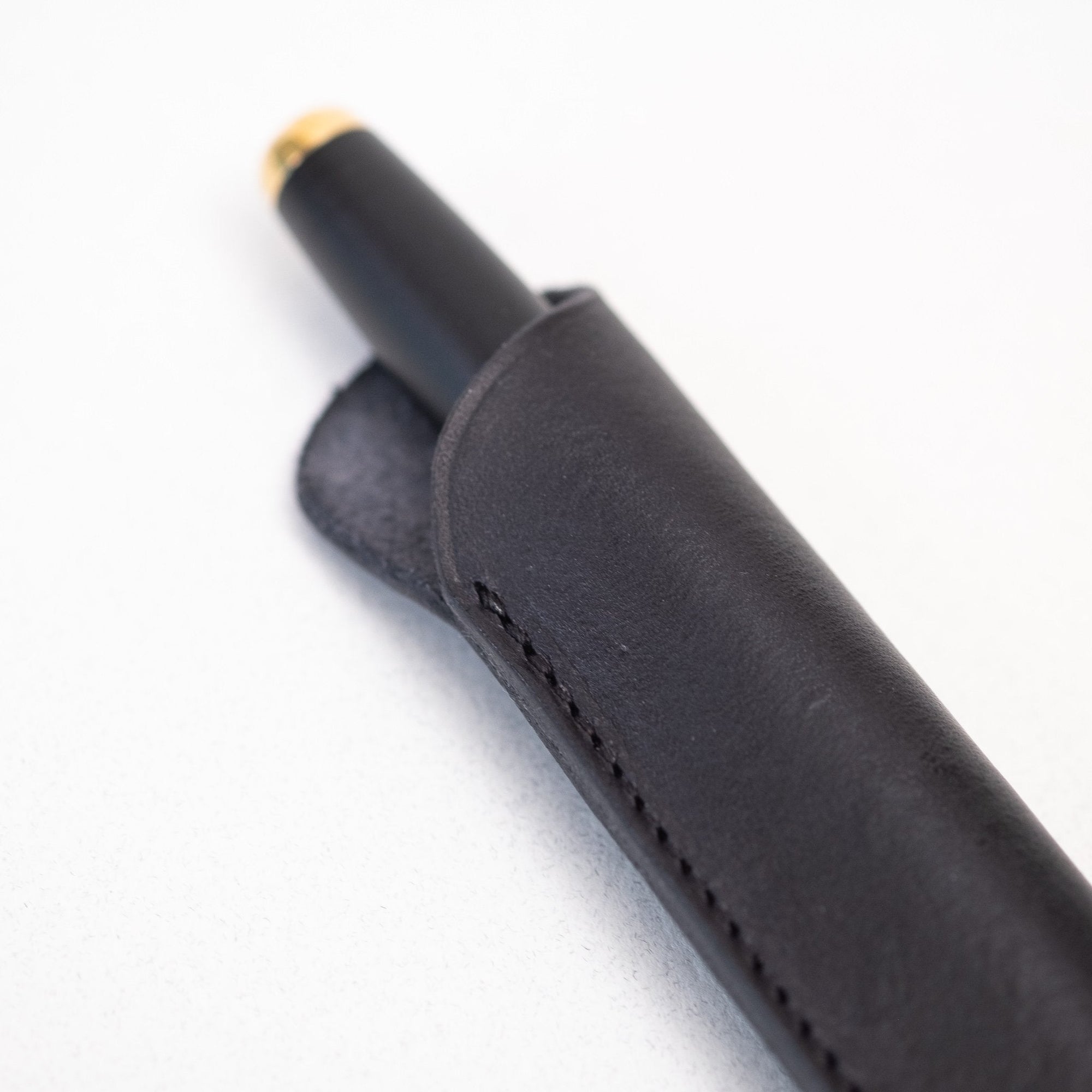 Detail of the Leather Pen Sleeve for the in Black with the Studio Fountain Pen in Black