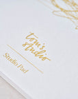 Detail shot of the cover for the Studio Pad refillable, customisable notebook and organiser with gold foil