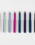 The Wren refillable everyday writing pen in (top to bottom) Blush, Sage, Lilac, Raspberry, Ivy, Iris, Midnight, Black