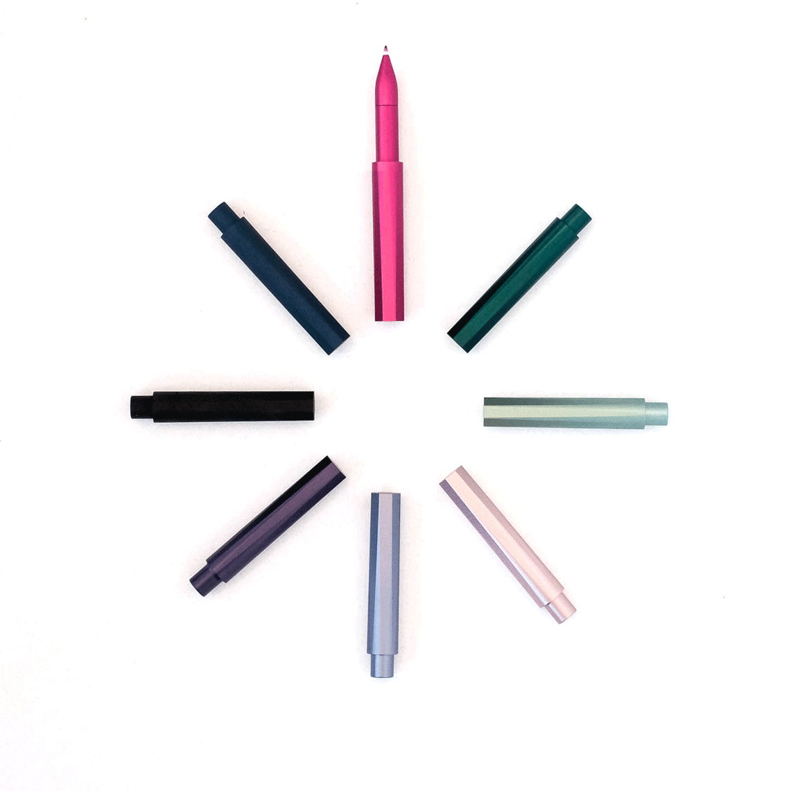 GIF showing all colours of the Wren refillable everyday writing pen