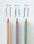 Three Lumos pens installed with three different sized brush tips (Chisel, Brush and Bullet). Pen and line of tip annotated to show size and displayed on a white background.