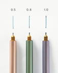 Three Lumos pens installed with three different sized fineliner tips (0.5. 0.8 & 1.0). Pen and line of tip annotated to show size and displayed on a white background.