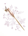The Bloom calligraphy pen with oblique nib setting in Peony on a background of illustrations in ink