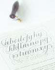 Mastering Copperplate Calligraphy by Eleanor Winters book internals (alphabet) with the Bloom Oblique Calligraphy Pen in Dark Mulberry