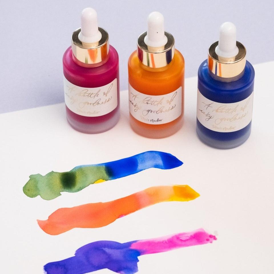 Mix Your Own Calligraphy Ink gift set including Sunflower, Ultra Marine and Hot Pink, with samples of colour mixing on paper
