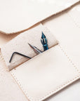 A close up of the nib storage pocket on the Leather Pen Roll, handmade by Edward de Lacy