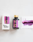 Tom's Studio Damson Fountain Pen Ink – featuring the packaging, bottle and a swatch on paper