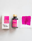 Tom's Studio Raspberry Sorbet Fountain Pen Ink – featuring the packaging, bottle and a swatch on paper