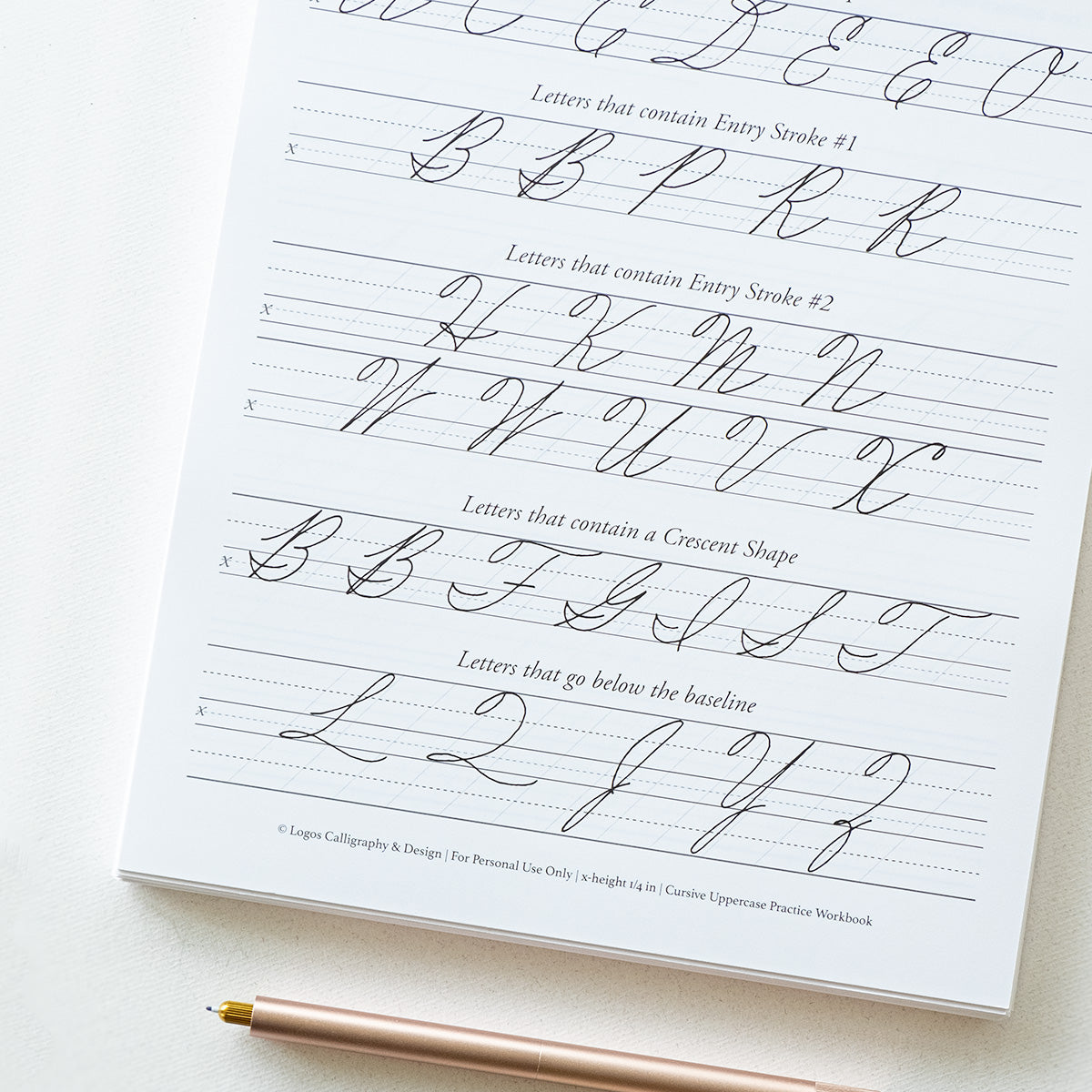 A sample page from the Cursive Practice Workbook by Logos Calligraphy