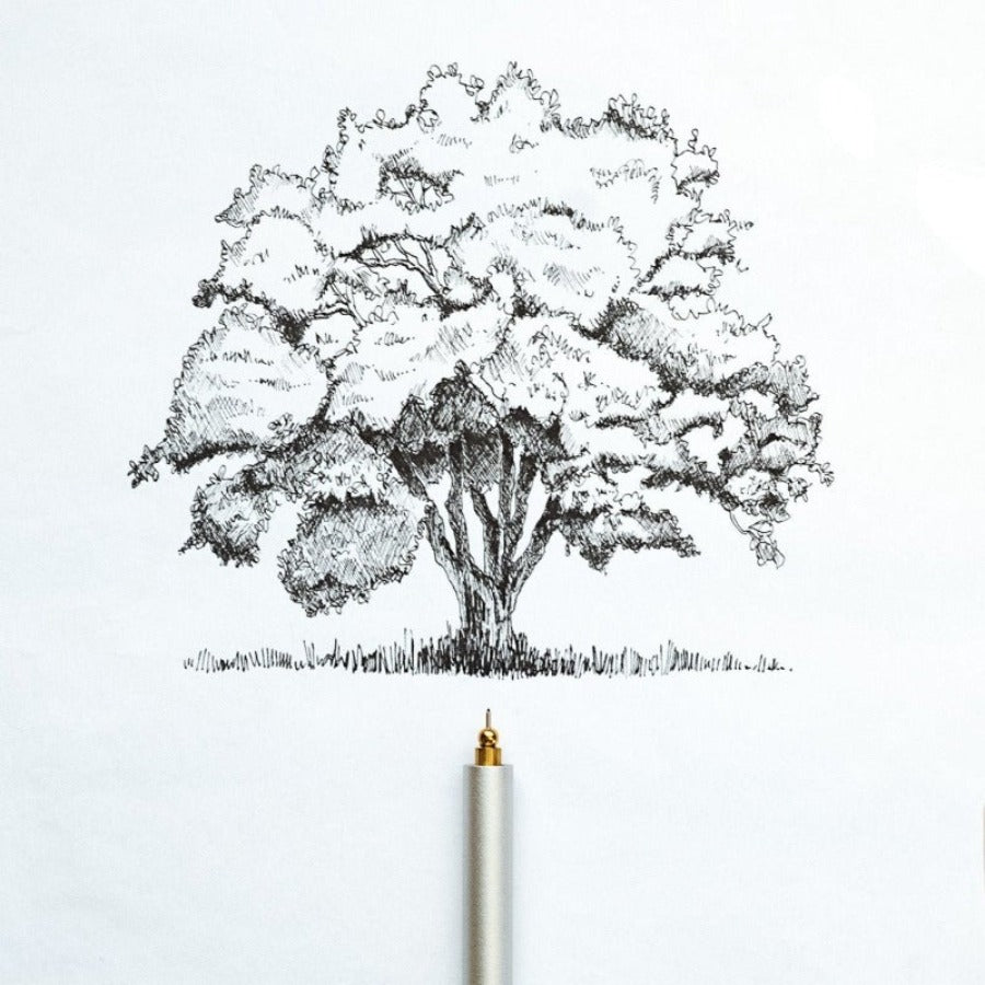 Lumos refillable fine liner and brush pen in silver with a tree drawn in black ink