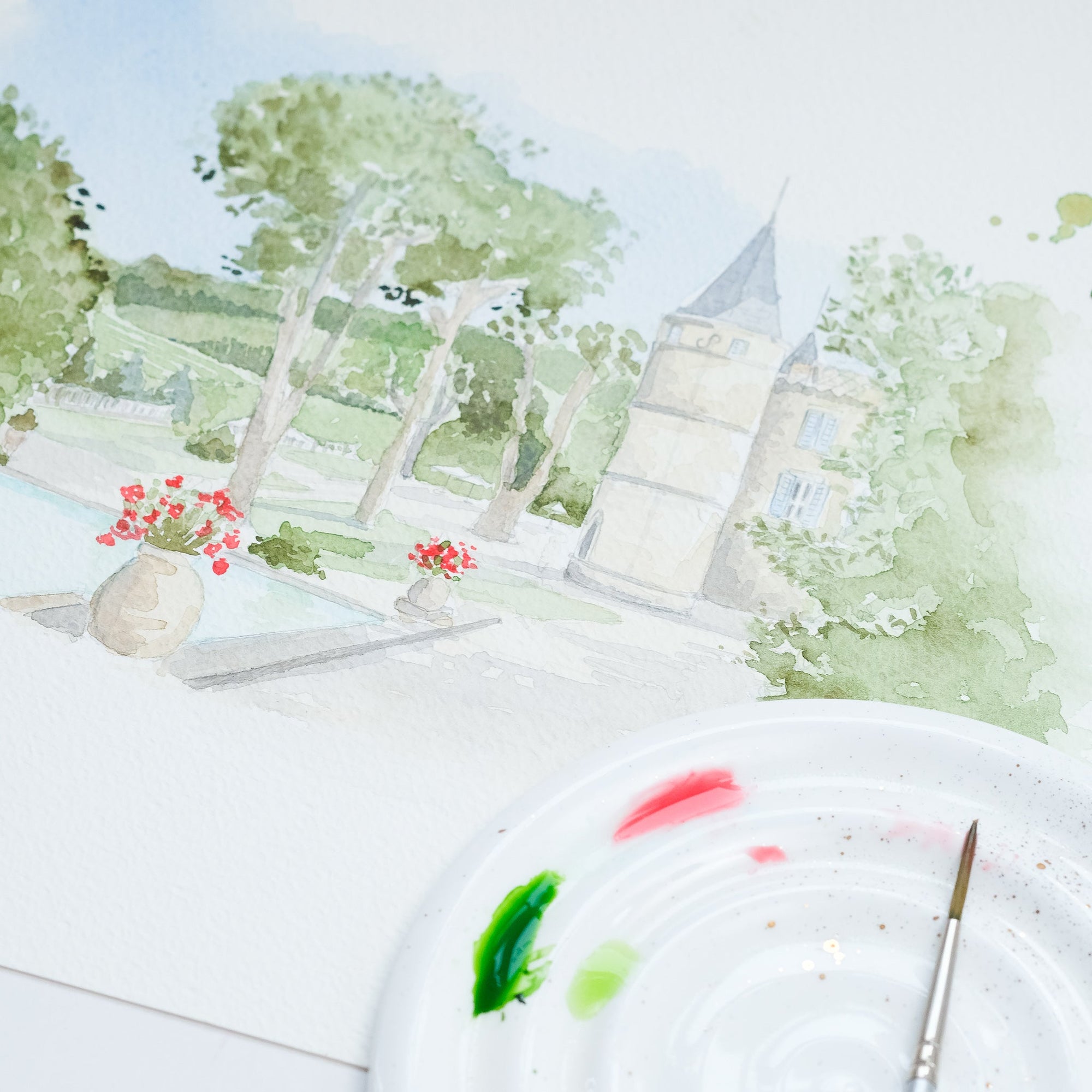 Fine Bone China Artist's Palette by Wendy Tournay on a watercolour painting with paintbrush