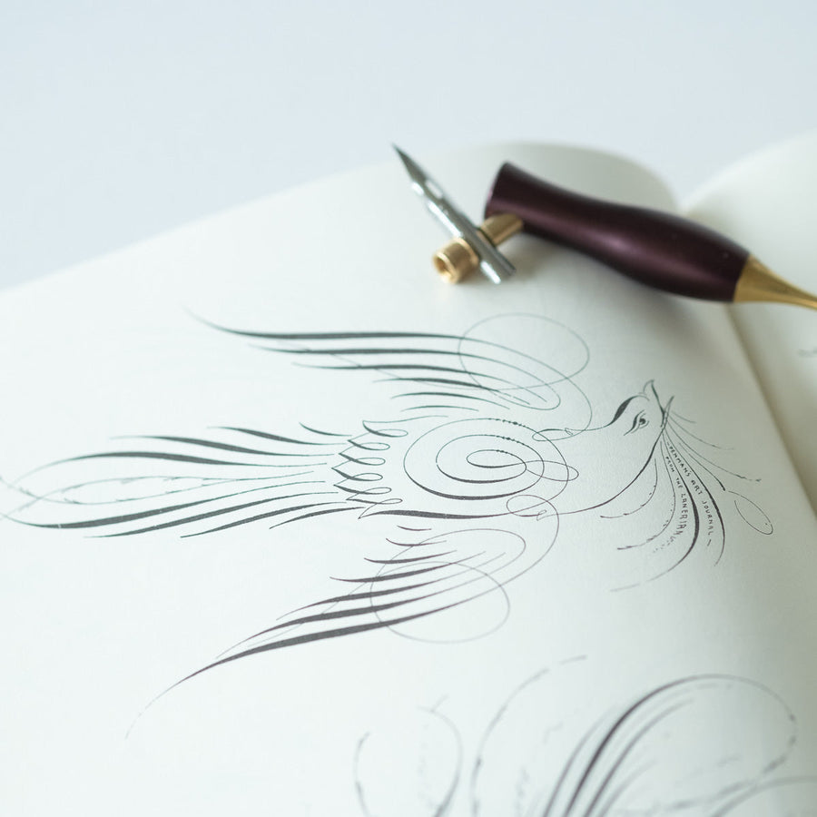 Sample of calligraphy illustration created using Ornate Pictorial Calligraphy by E. A. Lupfer - with Flourish oblique calligraphy pen in Dark Mulberry
