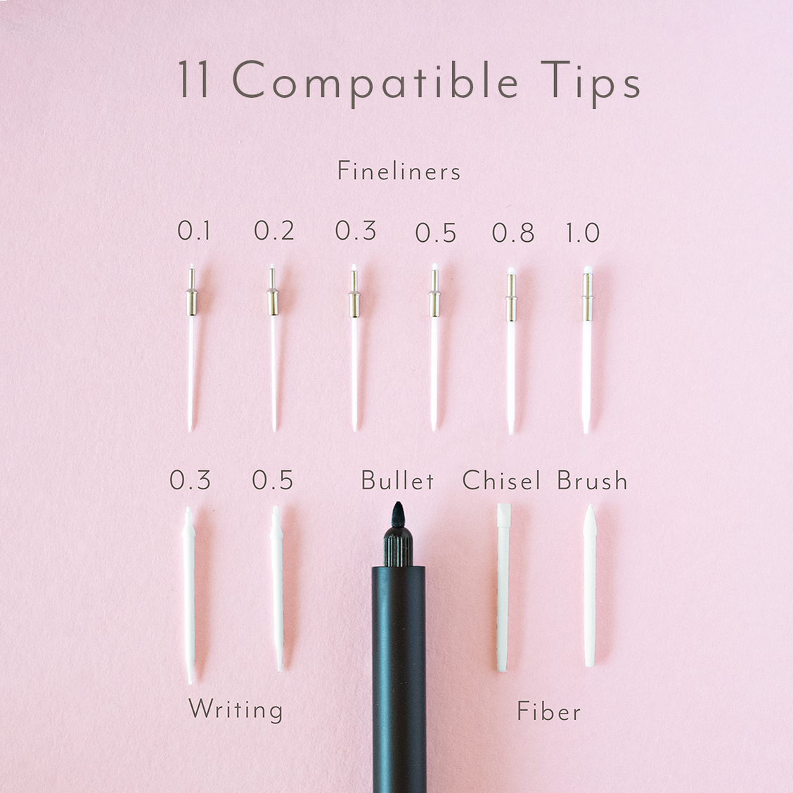 Full Lumos Creative Tip Set showing 11 individual Lumos tips with annotation explaining each size of tip