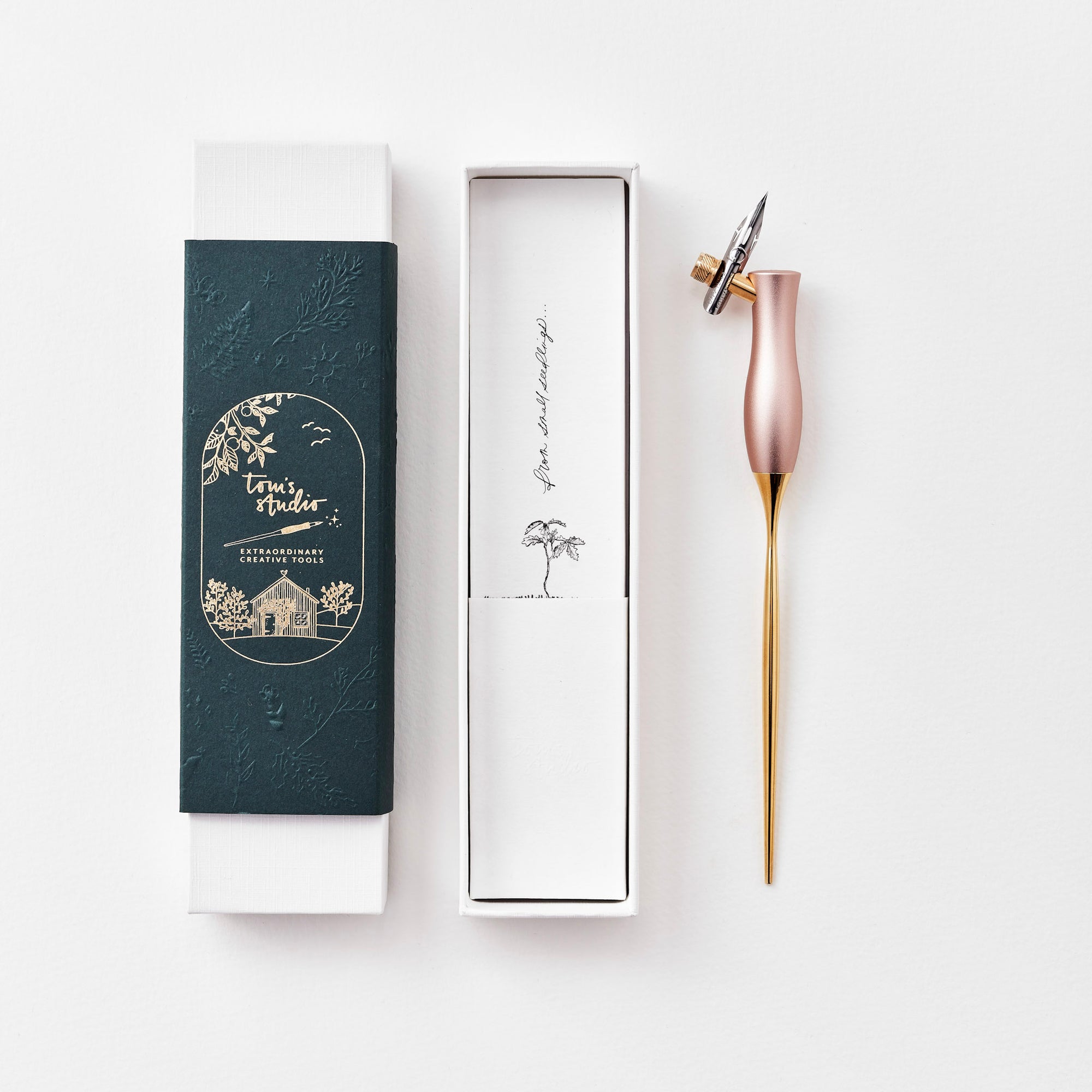 The Bloom calligraphy pen with oblique nib setting in Peony with packaging