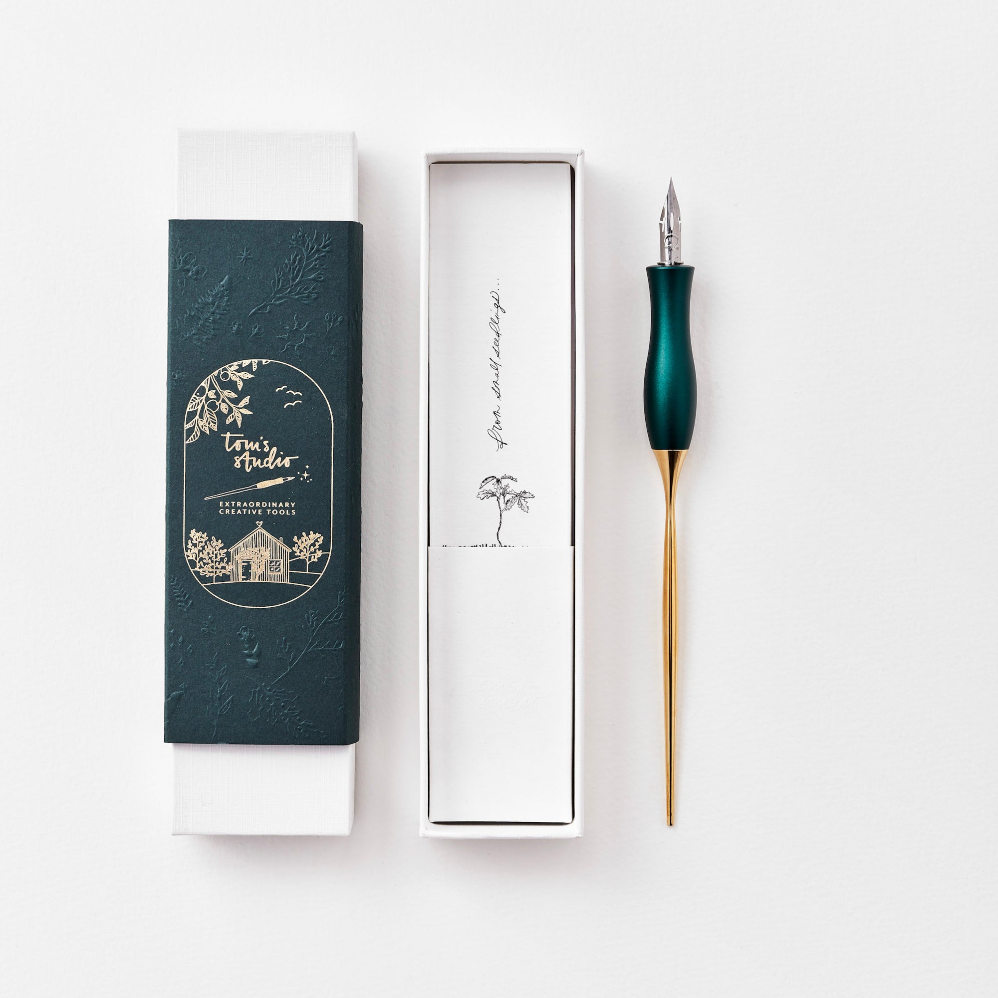 The Bloom calligraphy pen with straight nib setting in Ivy with packaging