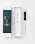 The Bloom calligraphy pen with straight nib setting in Ivy with packaging