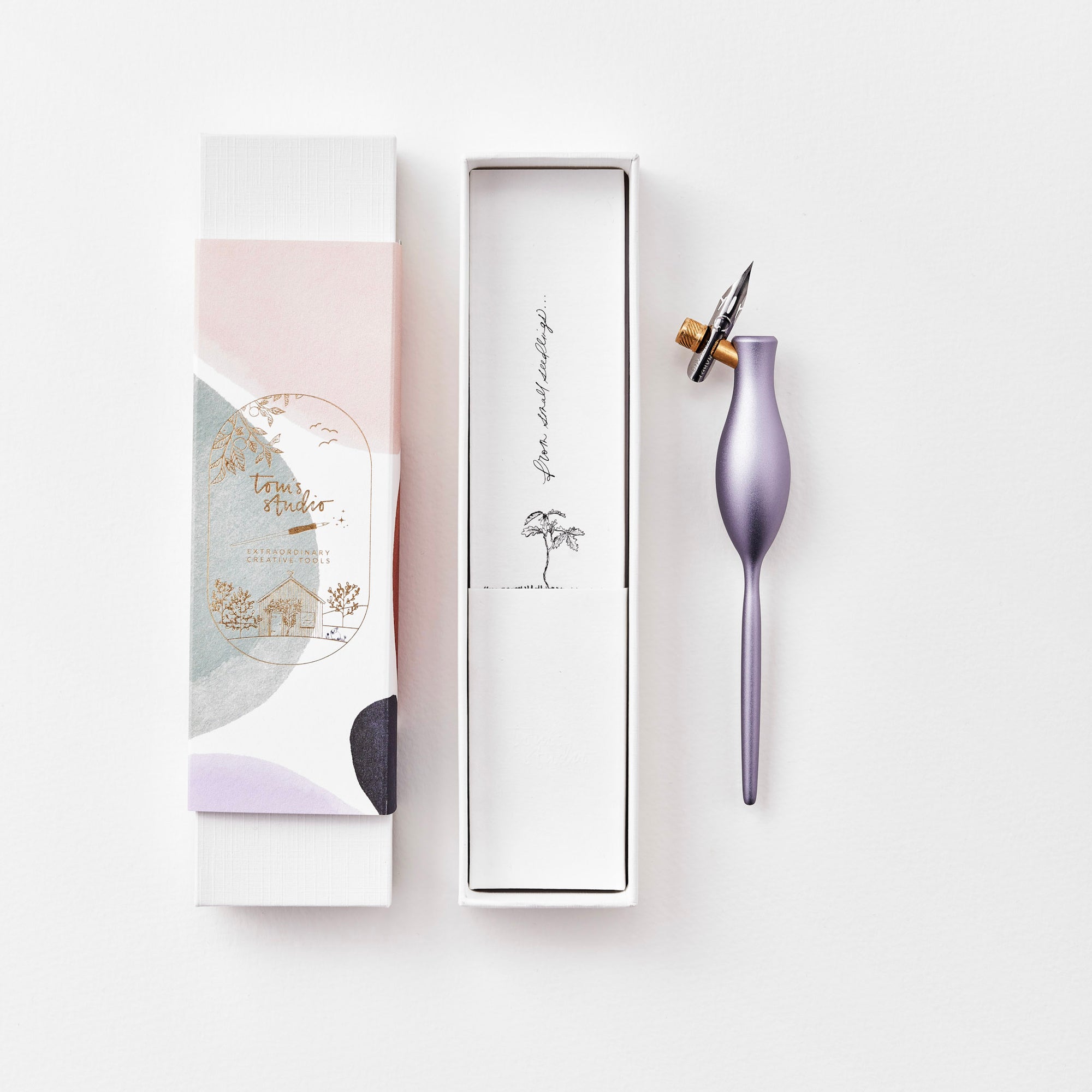 The Carrot oblique calligraphy pen in Wisteria with packaging