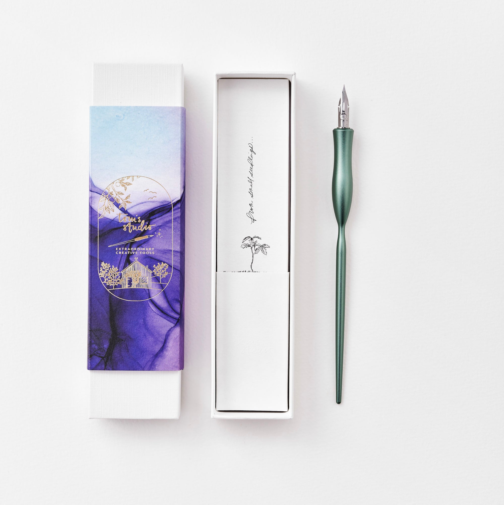 Flourish calligraphy pen with straight nib setting in Sage with packaging