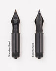 Side by side comparison of a standard injection moulded fountain pen feed and an ebonite feed