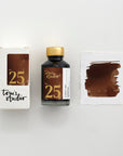 Tom's Studio Espresso Fountain Pen Ink – featuring the packaging, bottle and a swatch on paper