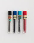 4 packets of mechanical pencil leads in black, dark blue, light blue and red displayed on a white background.