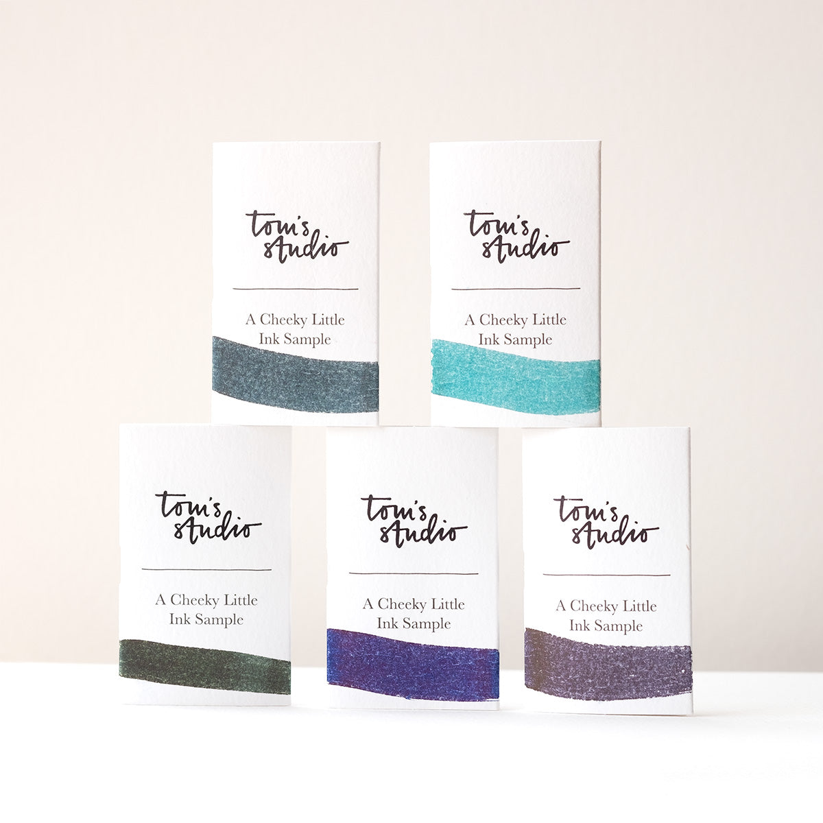 Tom&#39;s Studio Mini Ink Collection – Under the Sea – featuring packaging for each colour (Mallard, Marianas, Juniper, Neptune, and Loch Ness)