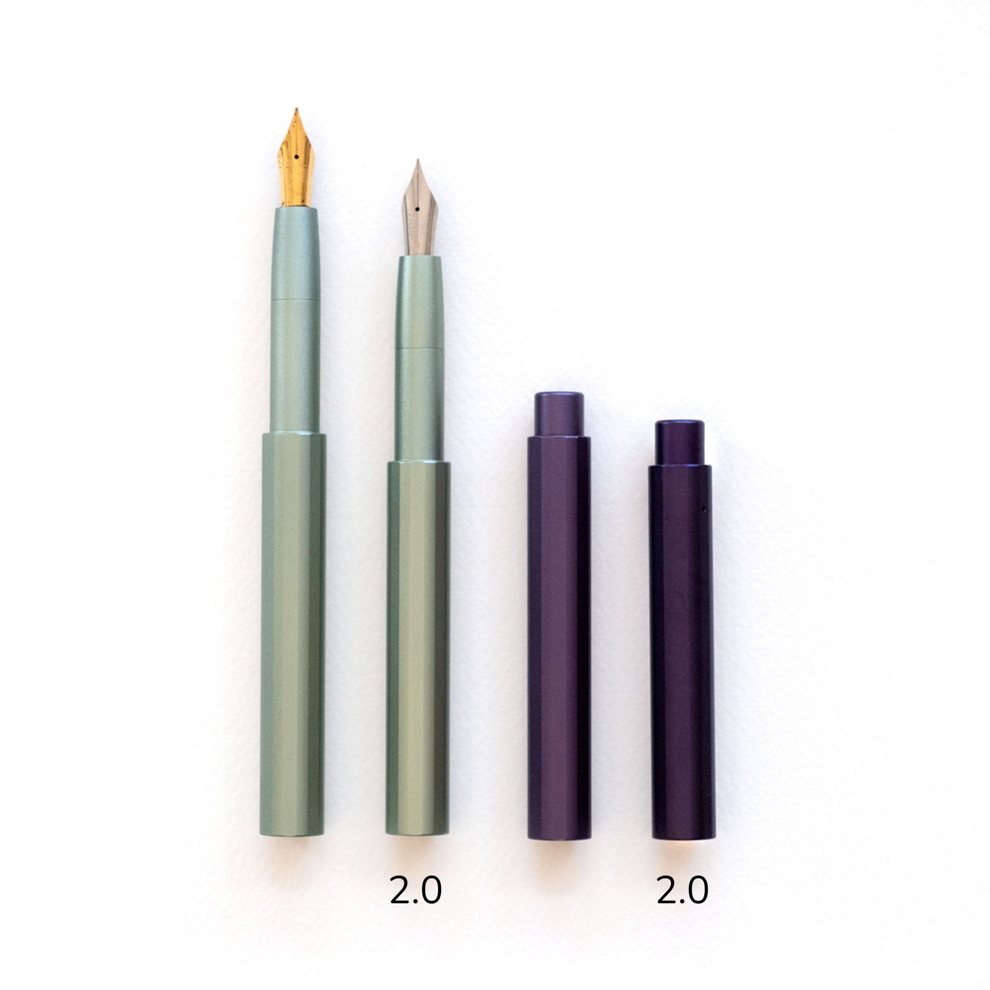 Comparison of the original Pocket Fountain Pen and the Pocket Fountain Pen version 2.0 in Sage and Iris