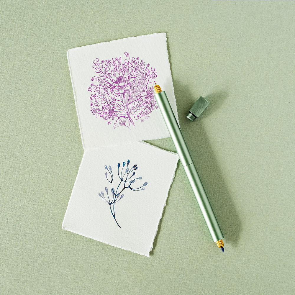 the lumos duo refillable fineliner in sage with some botanical illustrations