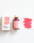 Tom's Studio Watermelon Shimmer Fountain Pen Ink – featuring the packaging, bottle and a swatch on paper