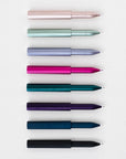 The Wren refillable everyday writing pen in (top to bottom) Blush, Sage, Lilac, Raspberry, Ivy, Iris, Midnight, Black