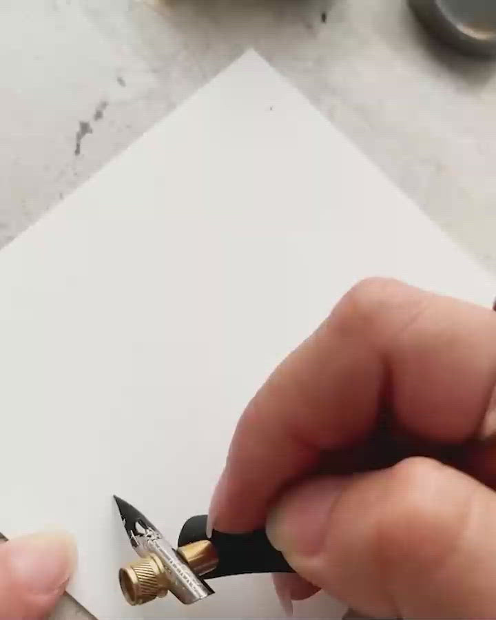 Video of the word 'Flourish' being written in modern calligraphy using black ink on white paper