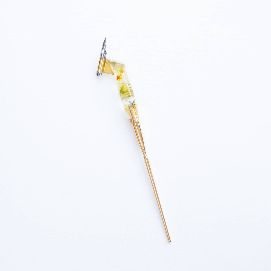 Handmade oblique calligraphy pen, the grip has flowers set in eco-resin