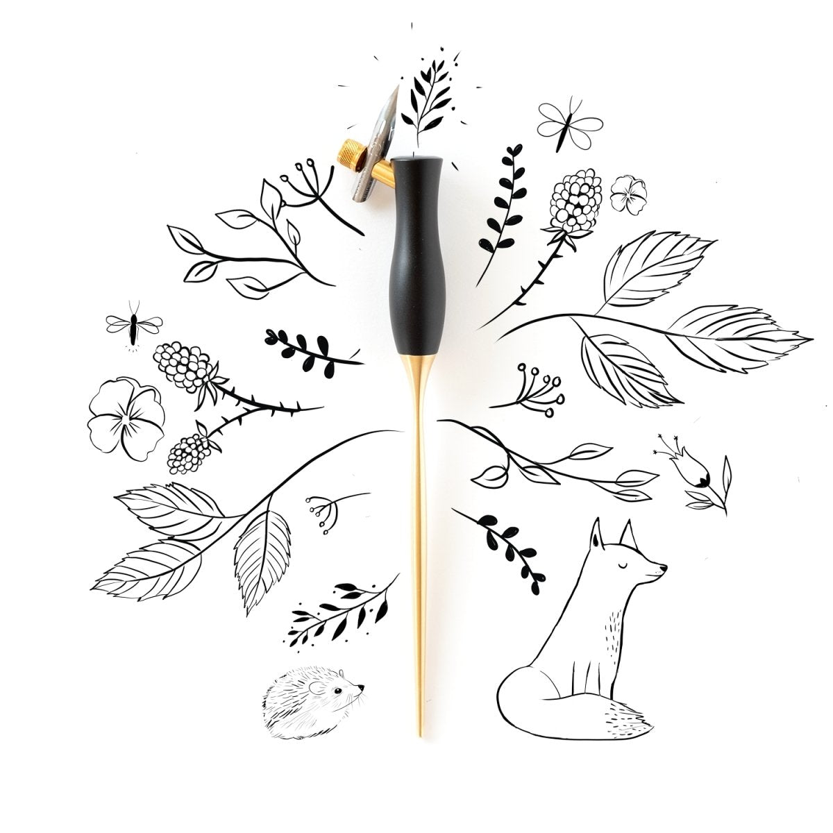 The Bloom calligraphy pen with oblique nib setting in Black on a background of illustrations in ink